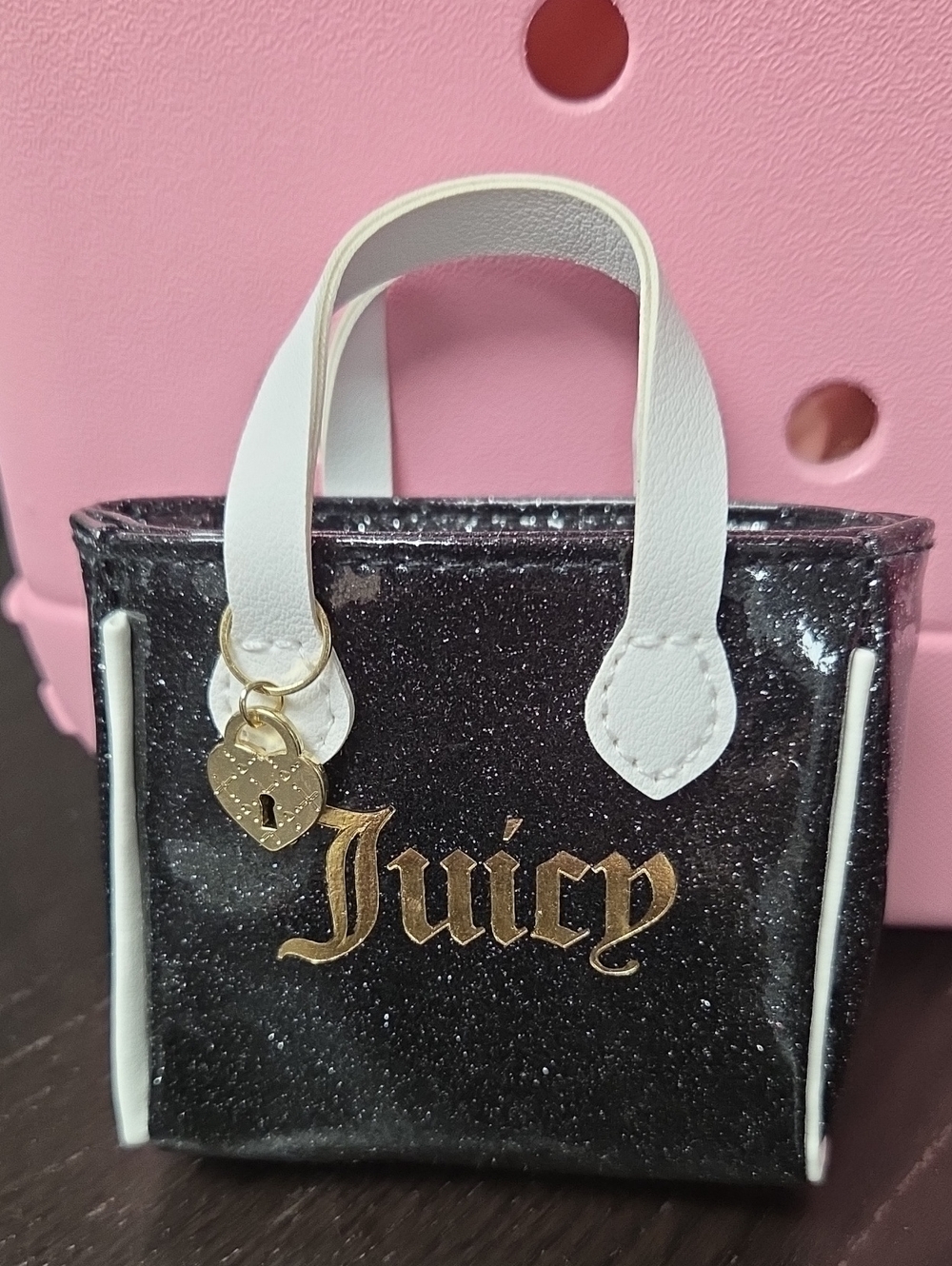 Juicy Couture Black Glitter Mini Bag with White Handles and Gold Logo Charm